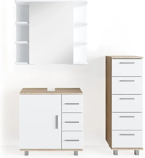 Vicco Badmöbel Set Ilias in Weiß und Eiche bestehend aus Spiegel, Kommode, Unterschrank und Badschrank - Bild 2