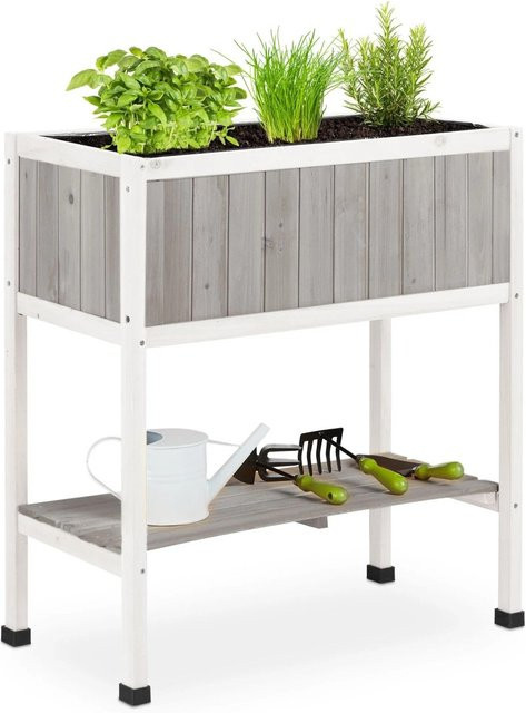 Relaxdays Stelzenhochbeet aus Holz in Grau und Weiß mit Folie, B/T/H: 80,5 x 74 x 38 cm - Bild 1