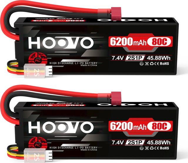 HOOVO 2er-Set LiPo Akku 7,4V 6200mAh 2S 80C mit T-Stecker und Hardcase für RC Auto, Flugzeug, Hubschrauber und Boot, Schwarz - Bild 1