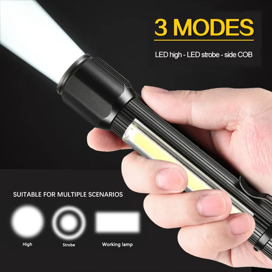 Heinast LED-Taschenlampe mit COB-Arbeitsleuchte und Haken, wiederaufladbar via USB, Schwarz - Bild 4