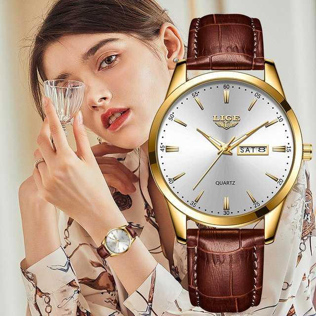 LIGE Armbanduhr Quarz, Leder, Weiß, Gold, Bicolor, Damen - Bild 1