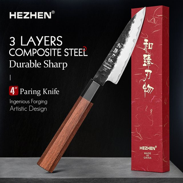 Hezhen Gemüsemesser aus 3-lagigem Edelstahl mit rotem Holzgriff, 10,16 cm - Bild 1