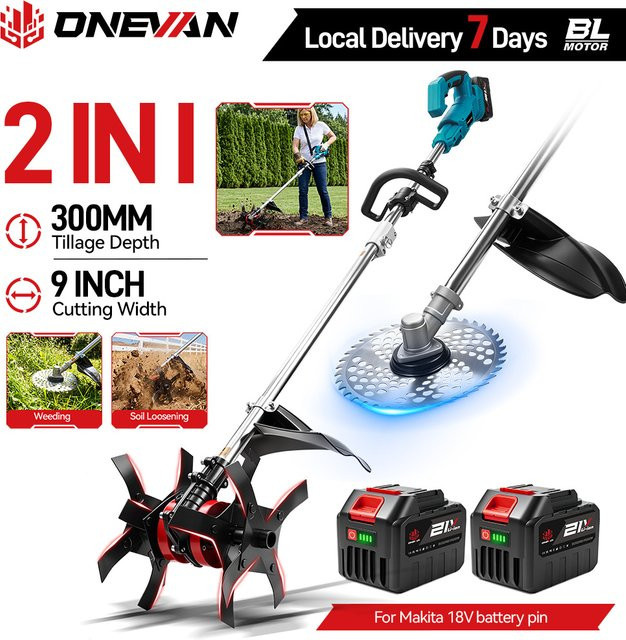 ONEVAN 2-in-1 Bürstenloser Elektro-Gartenfräser und Rasentrimmer 1800W mit Bodenwender, kompatibel mit Makita LXT 18V Akku - Bild 1