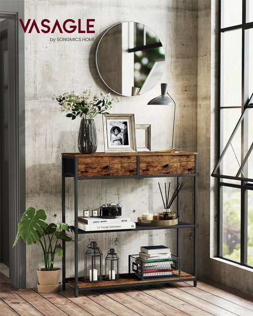 VASAGLE Konsolentisch im Industrial Design mit 2 Stoffschubladen, Beistelltisch für Flur und Wohnzimmer, Schwarz-Braun, B: 76 cm, T: 24 cm, H: 80 cm - Bild 1