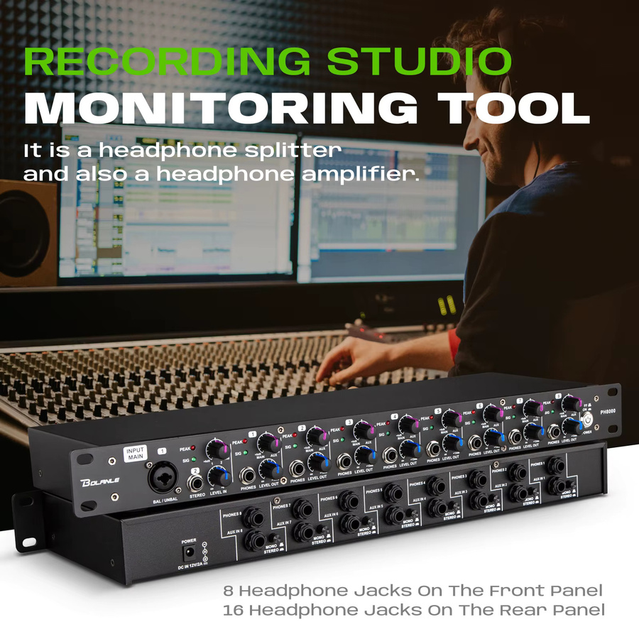 Bolanle PH8000 16-Kanal Rack-Hörverstärker-Splitter in Schwarz für Studio-Aufnahmen und Bühnenmonitoring - Bild 5
