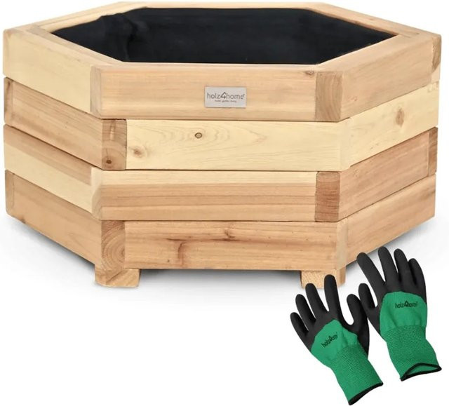 DELUKE Pflanzkasten MICHA 6-eckig aus Tannenholz in Braun mit Vlies und Handschuhen, Breite: 46 cm - Bild 1