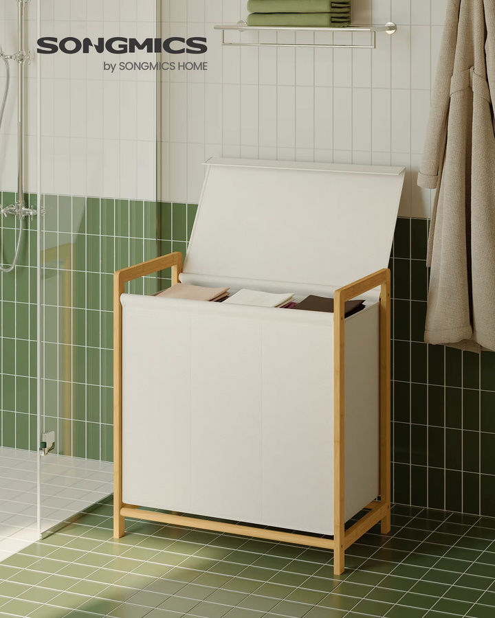 SONGMICS Wäschesammler mit Deckel und 3 Fächern, Bambusrahmen, abnehmbare Wäschesäcke, 150 L, beige, B: 120 cm, H: 78 cm, T: 65 cm - Bild 2
