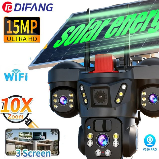 DiFang V380 Pro Solar Kamera mit 10X Zoom und Drei-Bildschirm-Anzeige, WiFi und 4G SIM Karte, Schwarz - Bild 1