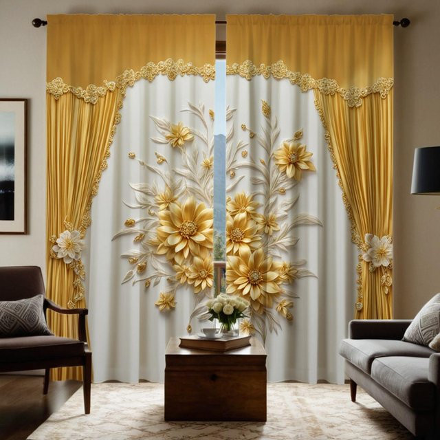 2er-Set dekorative Vorhänge mit floralem Muster in Gelb und Weiß, halbtransparent, B: 132 cm, H: 160 cm - Bild 1