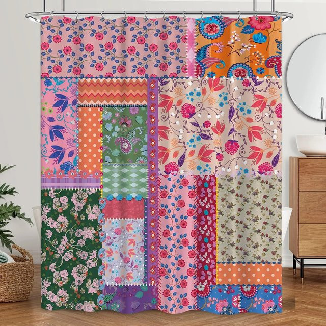 Wasserdichter Duschvorhang mit böhmischem Patchwork-Blumenmuster in Multicolour, Breite: 90 cm, Höhe: 180 cm - Bild 1