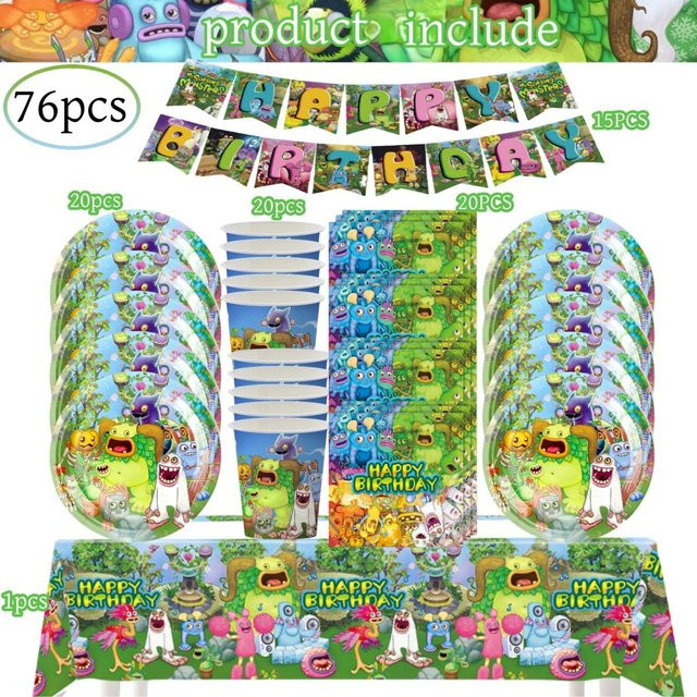 Fashnics My Singing Monsters Geburtstag Deko Set für 20 Personen in Grün und Mehrfarbig mit Einweggeschirr und Tischdecke - Bild 1