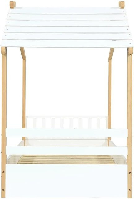 KOMHTOM Kinderbett Einzelbett mit Holzhausdesign aus Kiefernholz, Weiß und Natur, B: 90 cm, T: 190 cm, H: 155,5 cm - Bild 1