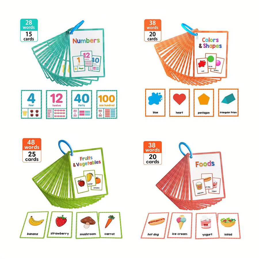 QKX Pädagogische Lernkarten für Kinder mit Farben, Formen, Obst, Gemüse und Zahlen in Englisch, Mehrfarbig - Bild 2