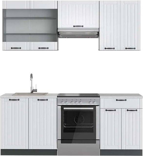 Vicco Fame-Line Küchenzeile im Landhausstil in Weiß und Anthrazit mit Marmor-Optik, Breite: 200 cm - Bild 1