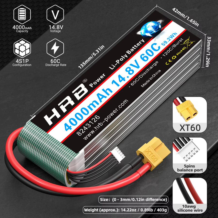 HRB 4S LiPo Akku 14,8 V 4000 mAh mit XT60 Stecker für RC FPV Drohnen, Flugzeuge und Racing-Modelle - Bild 2