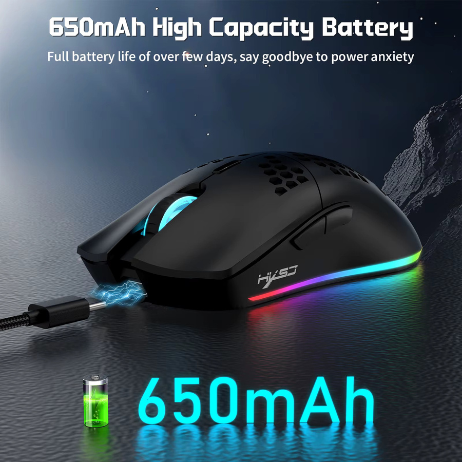 Ziyoulang T66 PC-Gaming-Maus mit RGB-Beleuchtung, kabellos via Bluetooth oder 2,4 G sowie kabelgebunden, leichtes Wabengehäuse, Makroprogrammierung und 650 mAh Akku, Schwarz - Bild 2