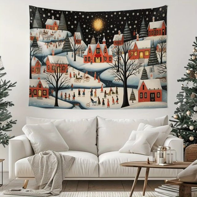 VIKAMA Wandteppich Snowy Town Winter Landschaft, Mehrfarbig, B: 75 cm, H: 75 cm - Bild 1
