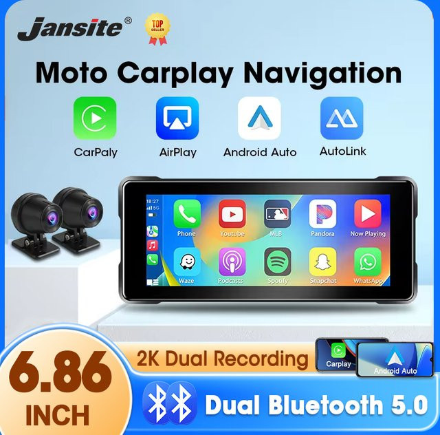 Jansite Motorrad Navigation mit 6,86 Zoll Display, Drahtlose CarPlay und Android Auto, 2K Kamera DVR, IP67 Wasserdicht, Dual Bluetooth, Schwarz - Bild 1