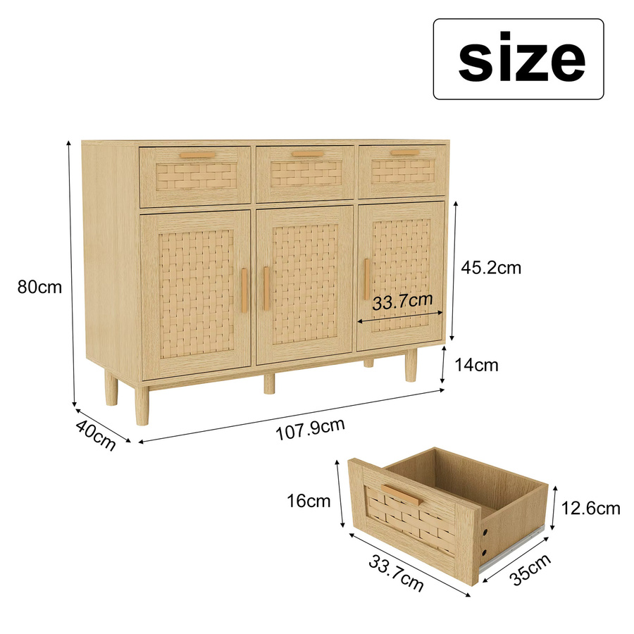 Superaly Rattan-Kommode in Eichenfarbe mit 3 Türen und 3 Schubladen, Sideboard aus Holz-Optik für Wohnzimmer und Küche, B/T/H: 108 x 40 x 80 cm - Bild 2