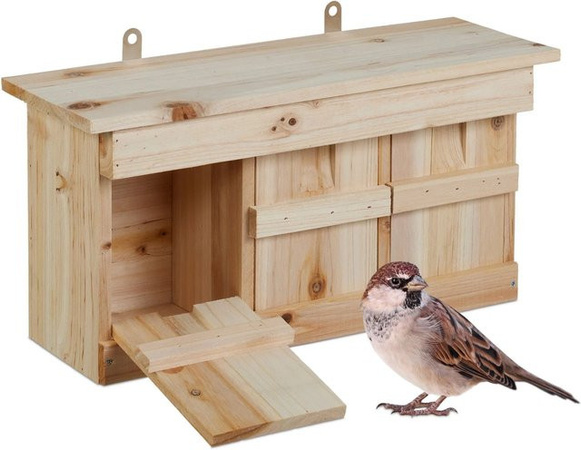 Relaxdays Nistkasten für Spatzen aus Tannenholz in Natur Braun mit 3 Brutkammern, B/T/H: 22 x 15 x 43,5 cm