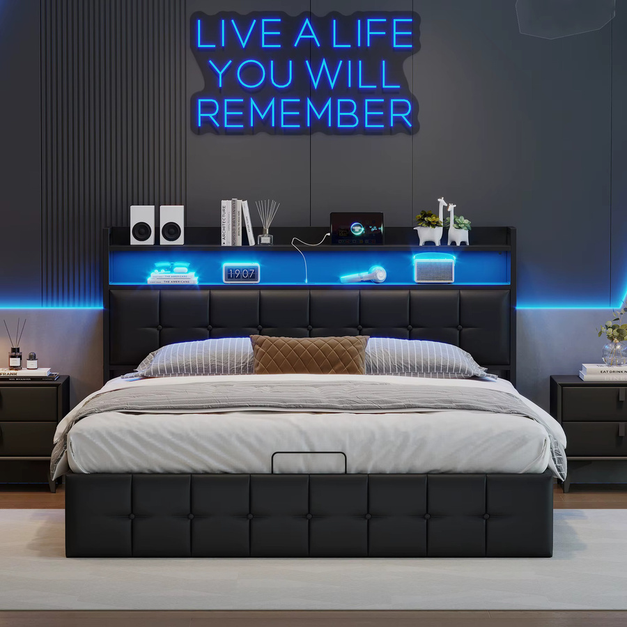 Rosahqnda Polsterbett mit LED-Beleuchtung und USB-Ladefunktion in Grau, Doppelbett mit Stauraum und Lattenrost aus PU-Leder, B/T: 140 x 190 cm - Bild 3