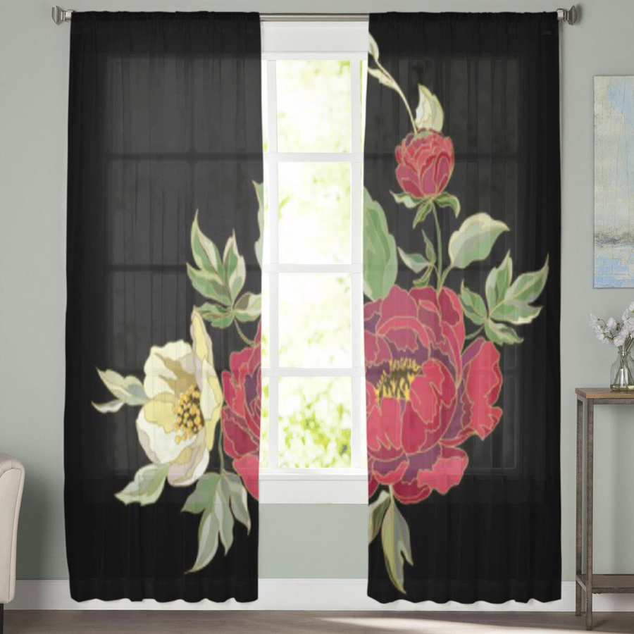 Transparenter Tüll-Fenstervorhang mit roten Pfingstrosenblüten von Super Six in Schwarz und Grau, Breite: 135 cm, Höhe: 114 cm - Bild 3