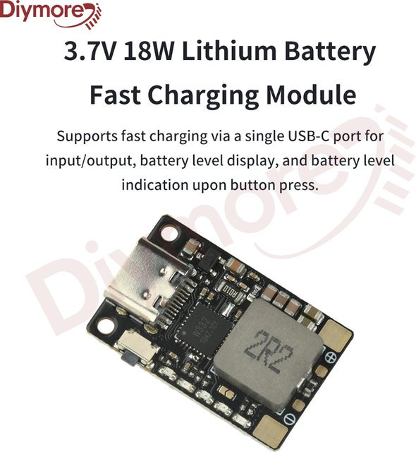 Diymore Lithium-Batterie-Schnelllademodul 3,7 V 18 W Boost-Typ mit USB-C Anschluss, Schwarz - Bild 1
