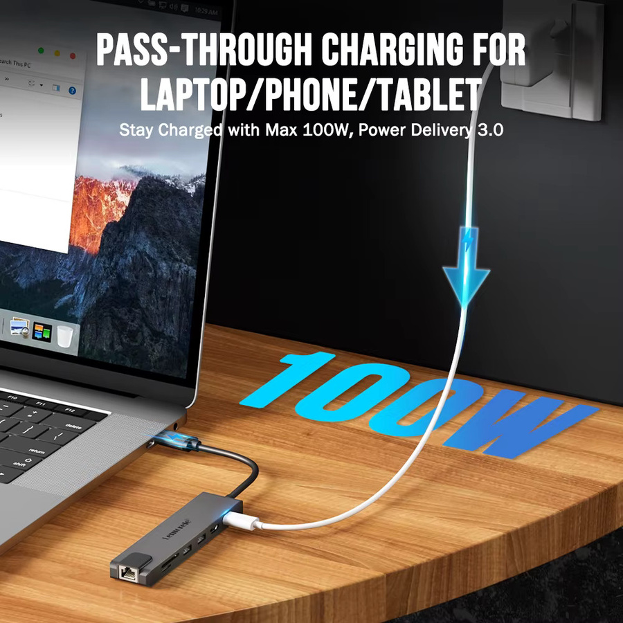 Lemorele TC25 USB C Dockingstation 7-in-1 mit 4K HDMI, PD 100W, Gigabit RJ45 sowie SD und TF Kartenleser in Grau - Bild 5