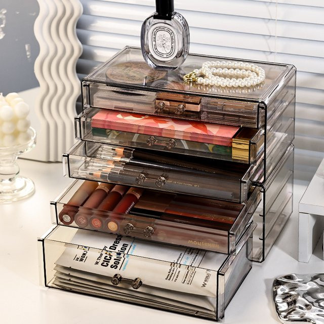 Schreibtisch-Schublade aus Acryl in Transparent und Schwarz, stapelbare Kosmetik-Aufbewahrungsbox und Organizer für Bürobedarf und Hautpflege - Bild 1