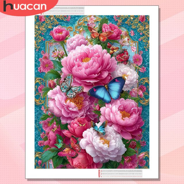 HUACAN 5D DIY Diamant-Malerei mit Rose, Pfingstrose und Schmetterling als Mosaik-Set in Mehrfarbig, B/H: 30 x 20 cm - Bild 1