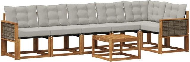 vidaXL Outdoor-Sofagarnitur L-Form aus Akazienholz mit Textilene und Kissen, 7-teilig, Braun und Hellgrau - Bild 1