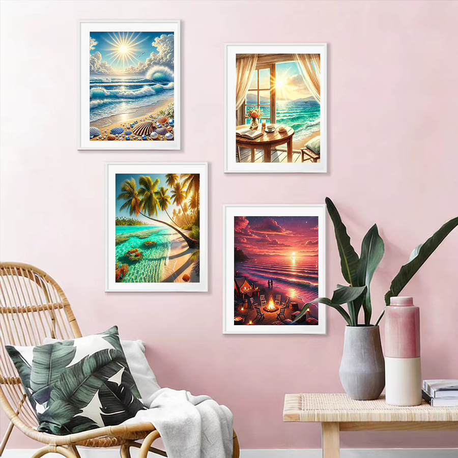 HUACAN 4-teiliges Diamant-Kunstbild Meereslandschaft mit Strand und Sonnenuntergang in Blau und Multicolour, DIY Mosaik Set mit runden Strasssteinen - Bild 2