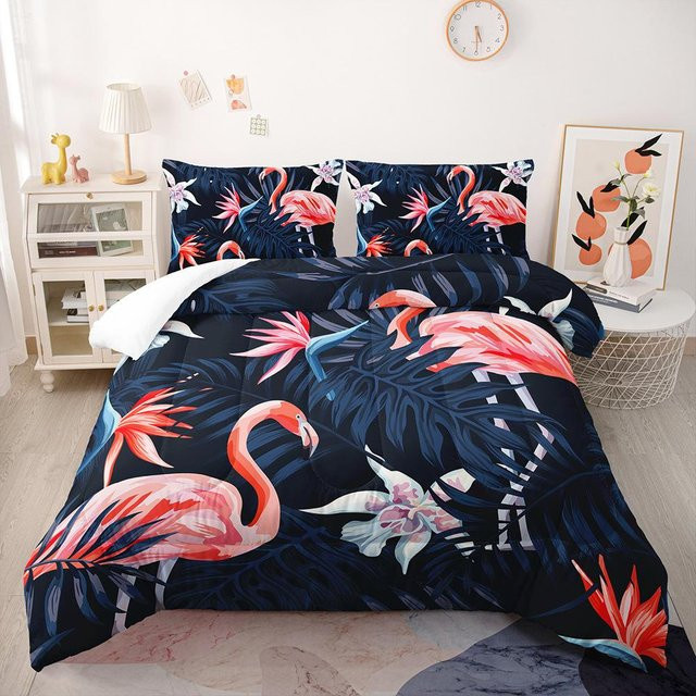 Buntes Cartoon-Flamingo Bettwäsche-Set mit tropischem Palmenmuster aus Polyester, 2-teilig, 90 x 200 cm - Bild 1
