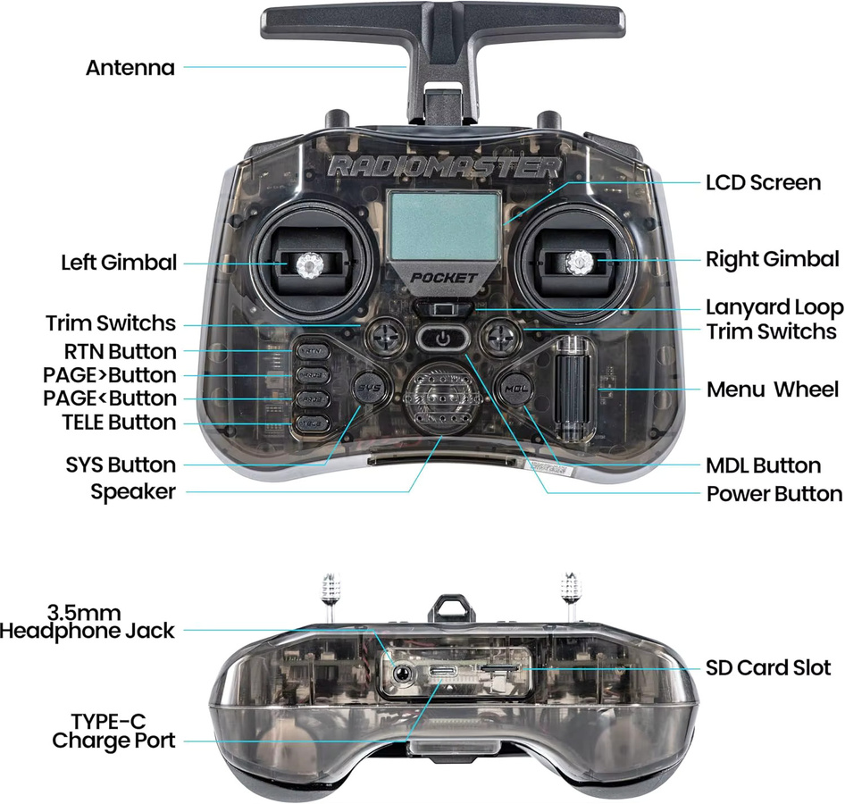 RadioMaster POCKET P16 2.4G Funkfernsteuerung mit ELRS-Sender, Hall-Joysticks und abnehmbaren Sticks in Schwarz und Transparent für RC-Drohnen - Bild 2