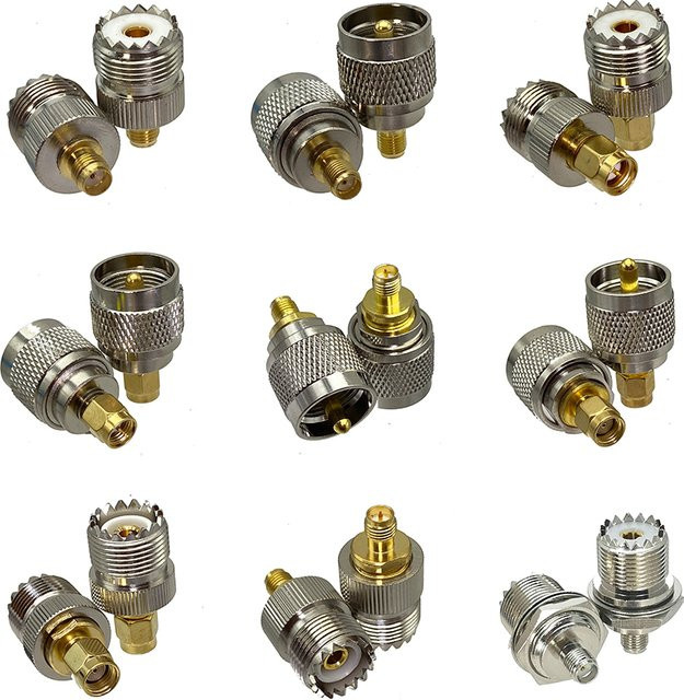 UHF SO239 auf PL259 zu SMA RP-SMA Adapter Set mit Kabelklemmen, gerader 9-Typ HF-Adapteranschluss, Farbe: Silber - Bild 1