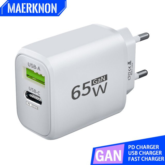 Maerknon 65 W GaN USB-C Schnellladegerät mit PD-Netzteil und Schnellladefunktion 3.0 für iPhone, Xiaomi, Samsung und OnePlus in Schwarz oder Weiß - Bild 1