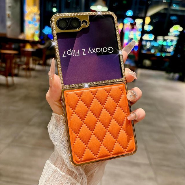 Stoßfeste Lammleder Hülle mit Bling Diamant Design für Samsung Galaxy Z Flip 7 6 5 4 3 in Orange - Bild 1