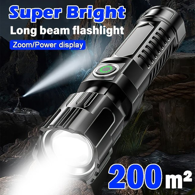 P200 Taktische LED-Taschenlampe mit Zoom und USB-Akku, wasserdicht, Schwarz - Bild 1