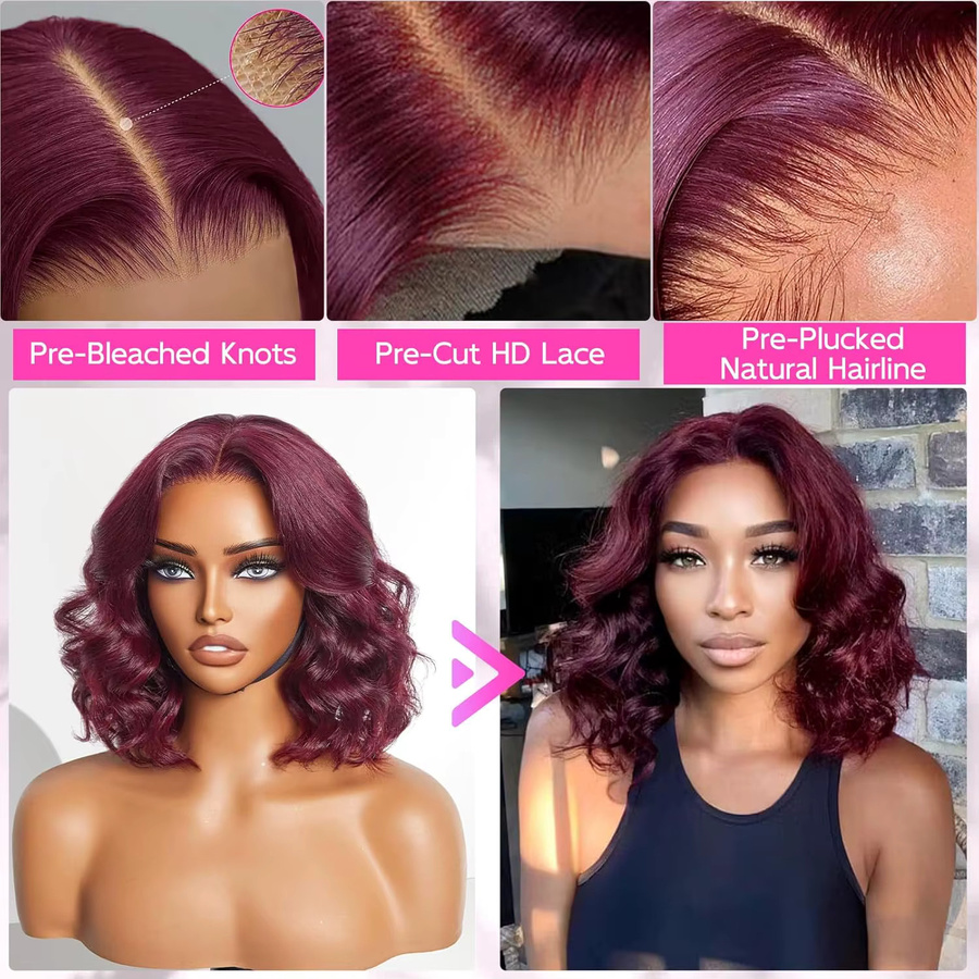 xbeauty Bob-Perücke, lockere Wellen, 250 % Dichte, Burgundy, Damen - Bild 6