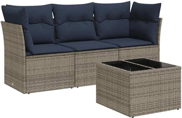 vidaXL 4-teilige Garten-Sofagarnitur in L-Form aus grauem Poly-Rattan mit Kissen und Gartentisch - Bild 1
