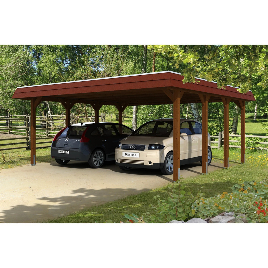 Skan Holz Carport Spreewald aus Nadelholz mit Aluminium-Dachplatten und roter Blende in Nussbaum, B/T: 585 x 589 cm - Bild 2