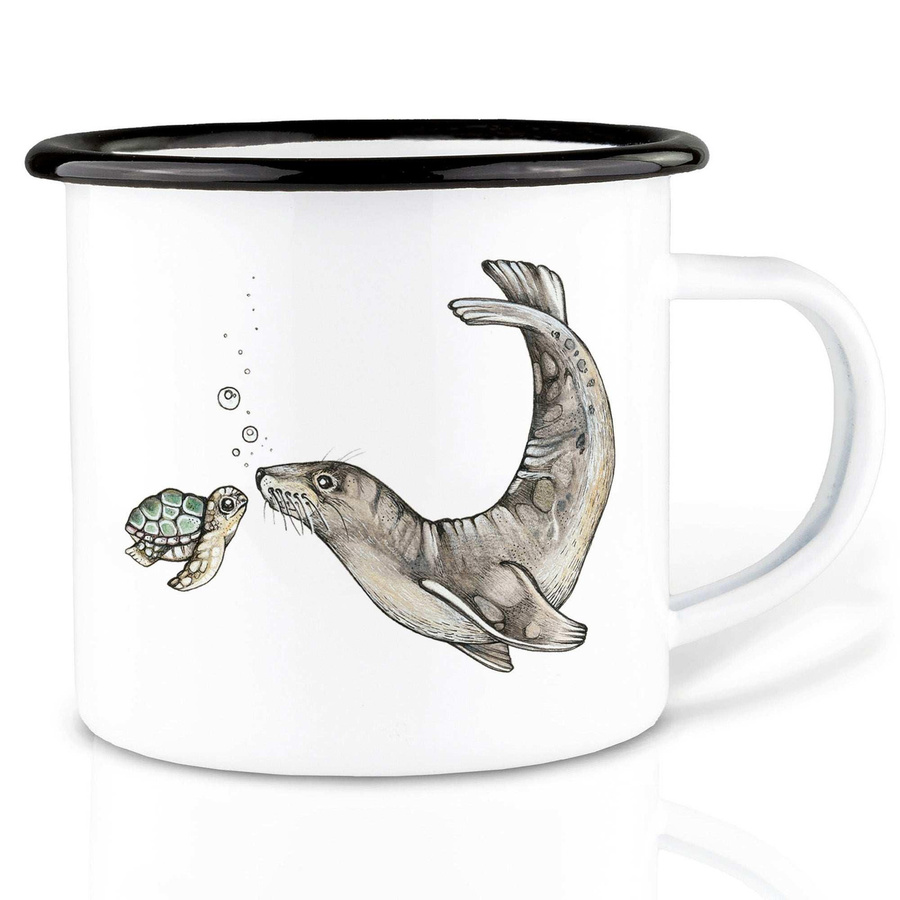 Ligarti Handgefertigte Emaille-Tasse mit Schildkröte & Seelöwe, 300 ml - Bild 1