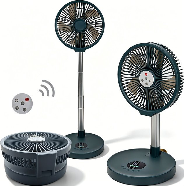 TENGKESi Faltventilator mit Fernbedienung und LED-Nachtlicht, geräuscharm mit Schwenkfunktion und 7200mAh Akku, Durchmesser: 25,4 cm - Bild 1