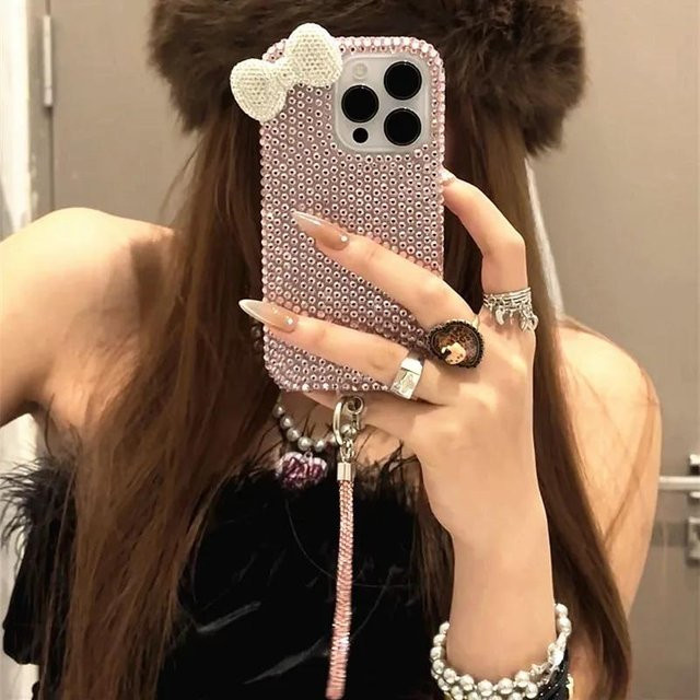 Yiran Handyhülle mit Schleifen für iPhone 11 bis iPhone 16 Pro Max in Rosa und Silber glänzend - Bild 1
