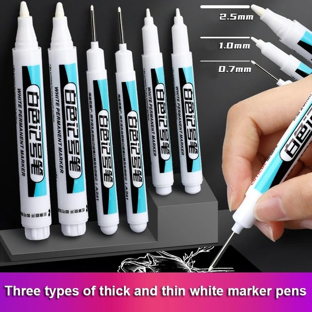 Weiße Permanent Marker Stifte mit Strichstärken von 0,7 mm, 1,0 mm und 2,5 mm für Holz, Kunststoff, Leder, Glas, Stein und Metall - Bild 1