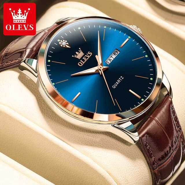 OLEVS Armbanduhr, Quarz, Edelstahl, Leder, Blau, Herren - Bild 1