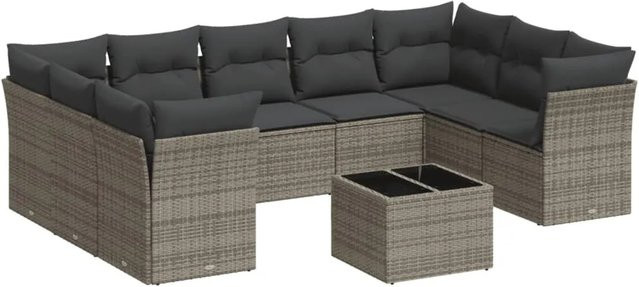vidaXL 10-tlg Garten-Sofagarnitur aus Poly Rattan in Grau mit Kissen und Stauraum - Bild 1