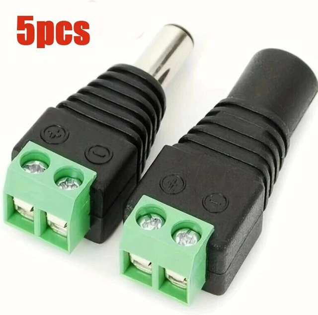 5 Stück DC-Stecker-Buchse-Klemmen in Schwarz, 12 V Stromanschluss mit 2,1 mm x 5,5 mm für CCTV-Kameras und LED-Streifen (5050, 3528) - Bild 1