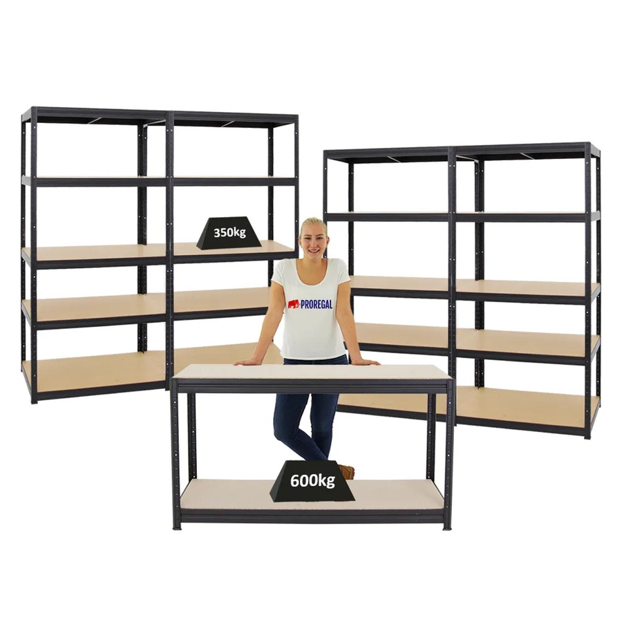 PROREGAL Set aus 4x Schwerlastregal Slim Elephant M und 1x höhenverstellbarer Werkbank Big Dino, Schwarz, H x B x T: 180 x 90 x 60 cm und H x B x T: 90 x 160 x 60 cm - Bild 2