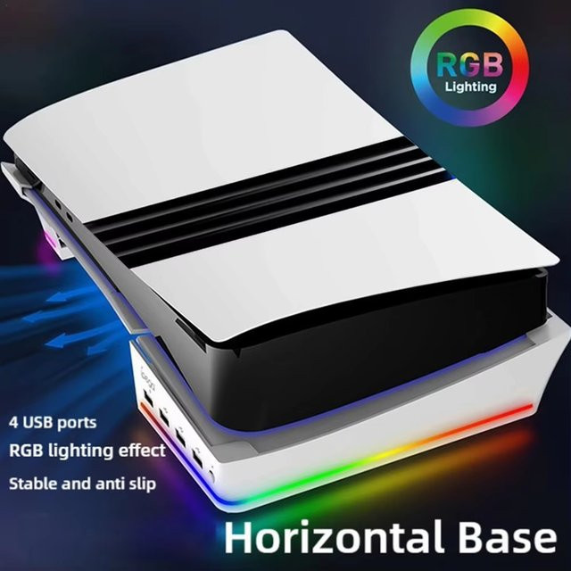 GEVBAY Horizontaler Aufbewahrungsständer für PS5 Pro mit digitalem und optischem Laufwerk, 14 Lichtmodi und 4 USB-Hubs, Weiß - Bild 1